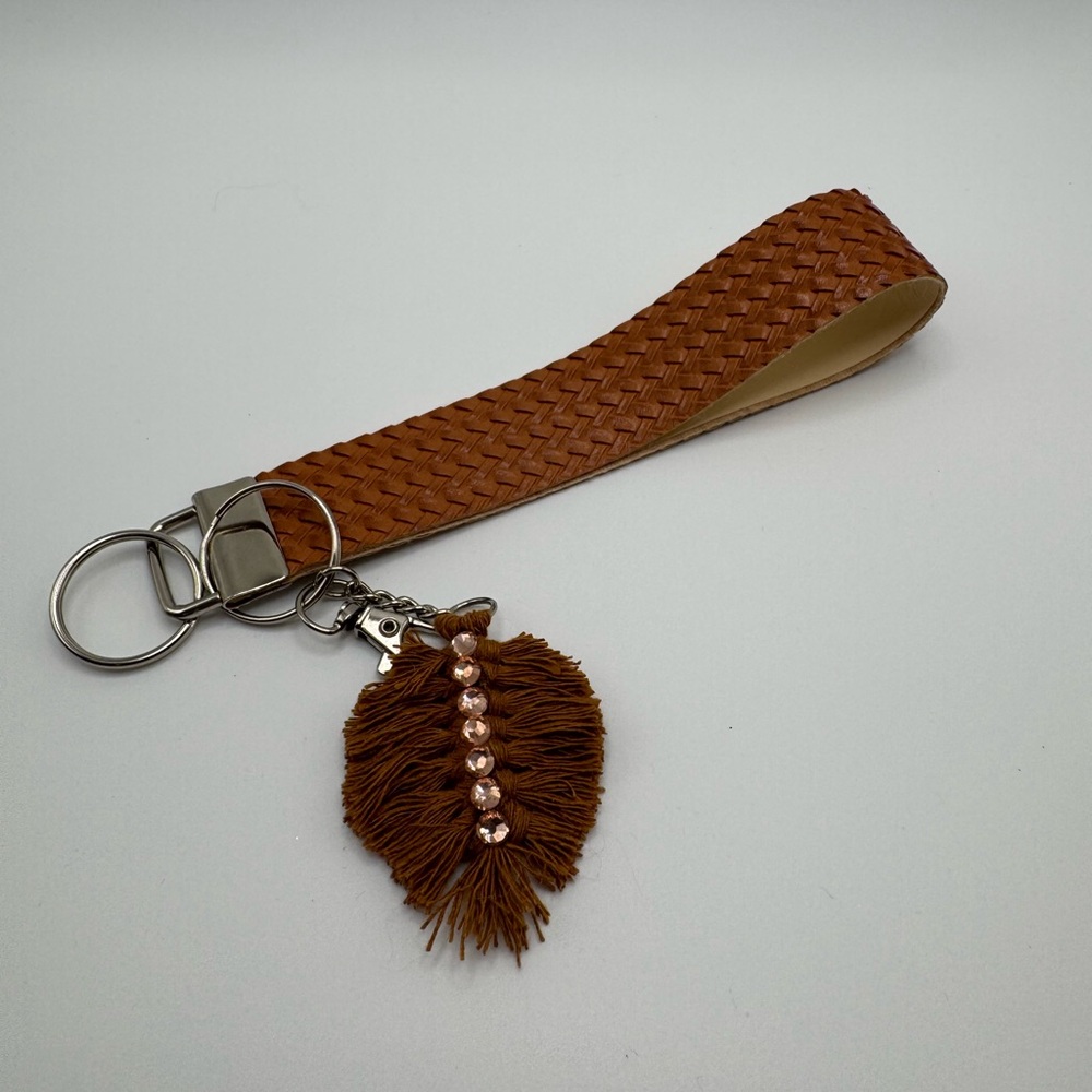 Brown Faux Leather Woven Wristlet Keychain with Leaf Tassel